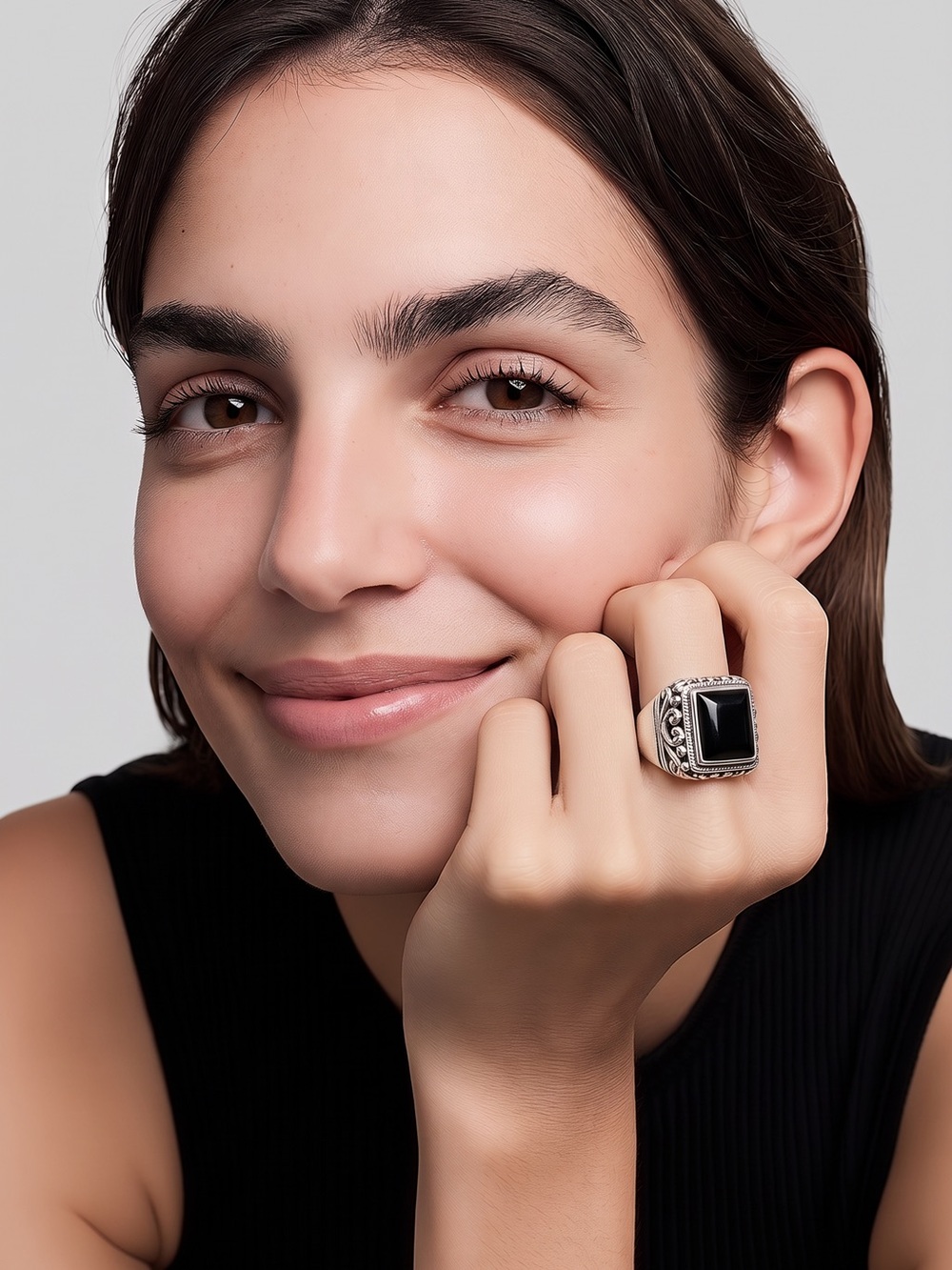 925 Thailand Silver Filigree Large Square Statement RingW/ Black Onyx Cabochon